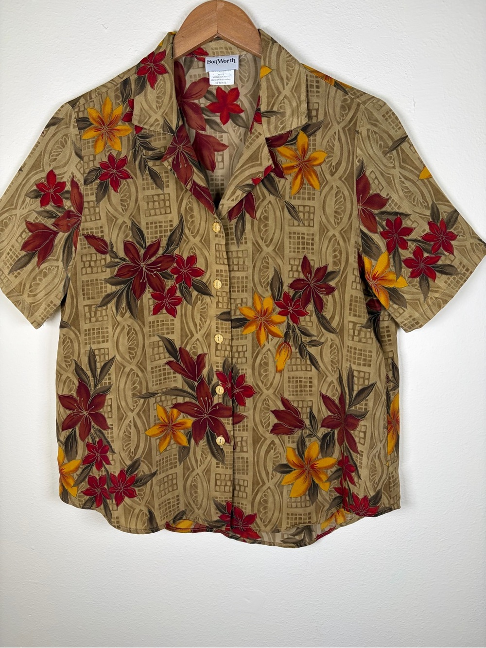 BonWorth XS Petite Floral Geometric Button Front Blouse Tan Red Orange